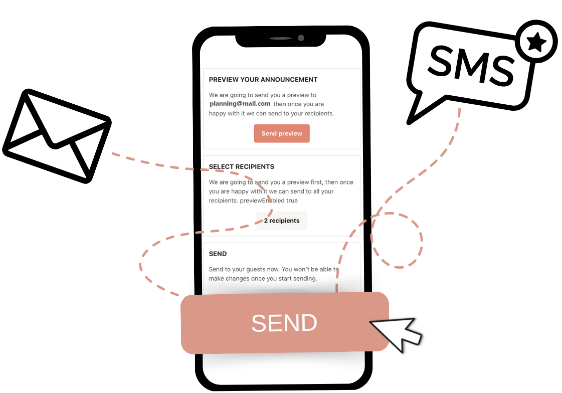 Showcasing announcement dispatch with preview of the SMS or email and recepient selection.